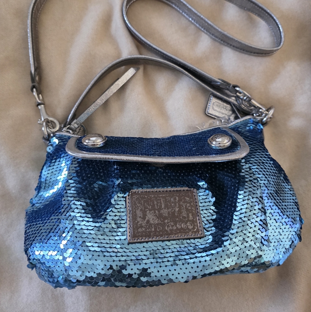 VTG COACH POPPY SEQUIN BAG  BLUE POPPY HANGTAG 3 MORE SHOULDERSTRAP